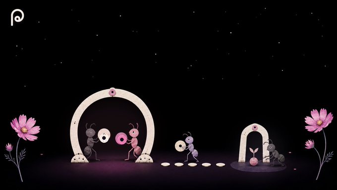 A stylized illustration shows ants working in a night scene with pink cosmos flowers, carrying donut-like tokens through a circular archway toward a destination marked by another arch, with stepping-stone trail leading across the dark landscape. The image metaphorically depicts the Programmable platform's custom hook features and token launch process, illustrating how tokens are created and guided to a dedicated marketplace at programmable.market, echoing the post's description of the project workflow and trading accessibility.