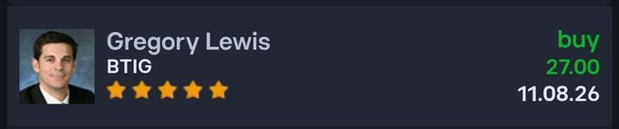 A profile card for Gregory Lewis from BTIG with a 5-star rating, a 'buy' recommendation, a target price of 27.00, and the date 11.08.26.