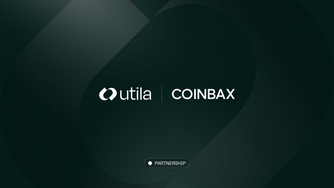 A dark teal graphic announces a partnership between 'utila' and 'COINBAX' with their logos centered on screen and a 'PARTNERSHIP' badge at the bottom.