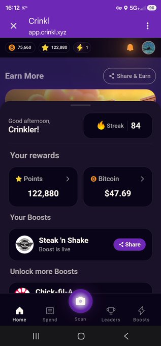The screenshot shows the Crinkl app home screen displaying a Streak of 84, 122,880 Points worth $47.69 in Bitcoin, and a live Steak 'n Shake Boost. The image illustrates the post's message about how every small reward—like scanning receipts for sats—adds up, as seen through the user's accumulated Bitcoin balance and active earning streak.