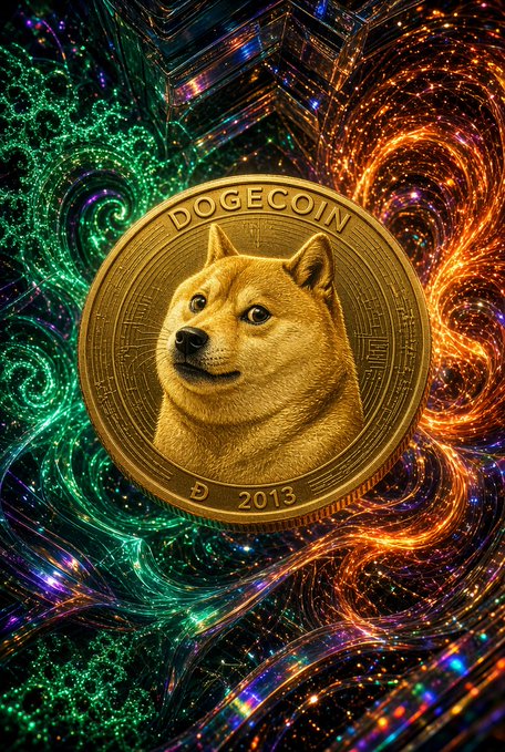 A gold Dogecoin coin featuring the Shiba Inu dog, dated 2013, set against a colorful swirling cosmic background.
