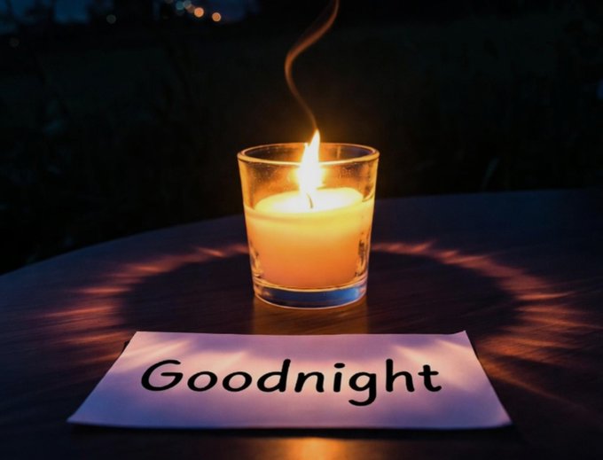 A lit candle in a glass holder on a dark surface with a wispy trail of smoke rising, casting a warm orange glow, alongside a piece of paper with 'Goodnight' written on it.