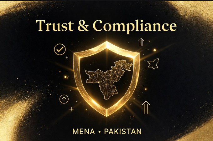 A dark graphic with gold accents titled 'Trust & Compliance' featuring a shield containing a wireframe map, with the text 'MENA • PAKISTAN' below.