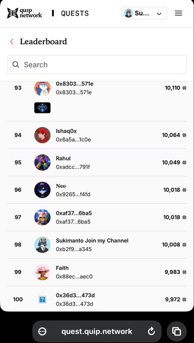 The image shows the Quip Network Quests leaderboard displaying ranks 93-100, with users like 0x8303, IshaqOx, Rahul, Neo, 0xaf37, Sukimanto, Faith, and 0x36d3 holding positions with points ranging from 9,972 to 10,110. The screenshot illustrates the poster's achievement of reaching the top 100 on Quip Network while eagerly awaiting news about the project's anticipated TGE (Token Generation Event).
