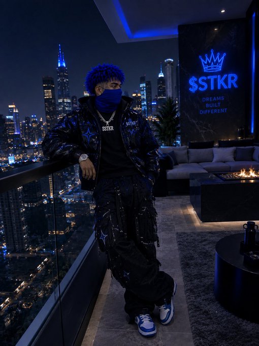 A 3D-rendered character with blue hair and a face mask wearing a dark tracksuit with 'SSTKR' branding, standing on a balcony overlooking a nighttime city skyline next to an 'SSTKR Dreams Built Different' sign.