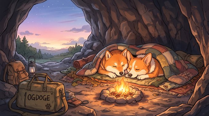 A digital illustration of two Shiba Inu dogs sleeping under a blanket near a campfire inside a cave, with a duffel bag labeled 'OGDOGE' and paw print nearby, with a sunset landscape visible through the cave opening.