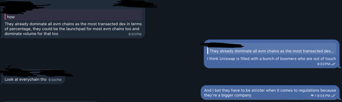 A screenshot of a Telegram chat conversation where the user responds to whether Uniswap might compete with $PONS, arguing they already dominate EVM chains as the most transacted DEX and could launch for EVM too, but noting Uniswap faces stricter regulations as a bigger company—posted at 9:03-9:04 PM.