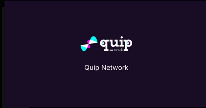 A dark purple screen displaying the 'Quip Network' logo featuring a colorful geometric icon.
