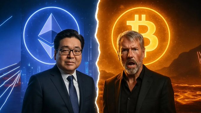 Two men stand back-to-back in front of a dramatic split background—one bathed in blue light beside the Ethereum (ETH) logo, the other in orange light beside the Bitcoin (BTC) logo—symbolizing the bullish institutional accumulation of both cryptocurrencies, as referenced by the post's mention of Vanguard and Norway's sovereign wealth fund increasing stakes in $MSTR and $BMNR.