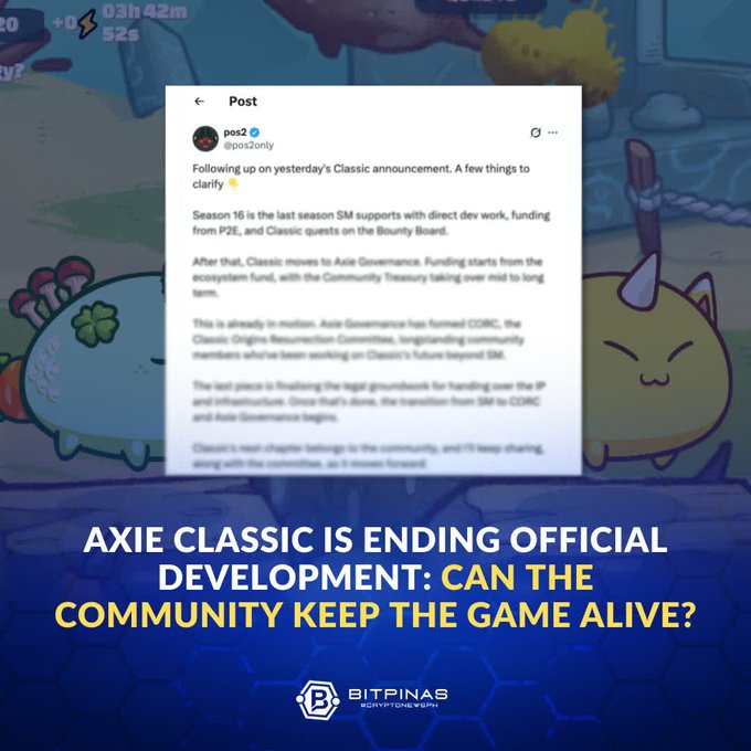 A news graphic from BitPinas titled 'AXIE CLASSIC IS ENDING OFFICIAL DEVELOPMENT: CAN THE COMMUNITY KEEP THE GAME ALIVE?' featuring a screenshot of a post by pos2 (@pos2only) explaining the transition to Axie Governance and the formation of COGIC.