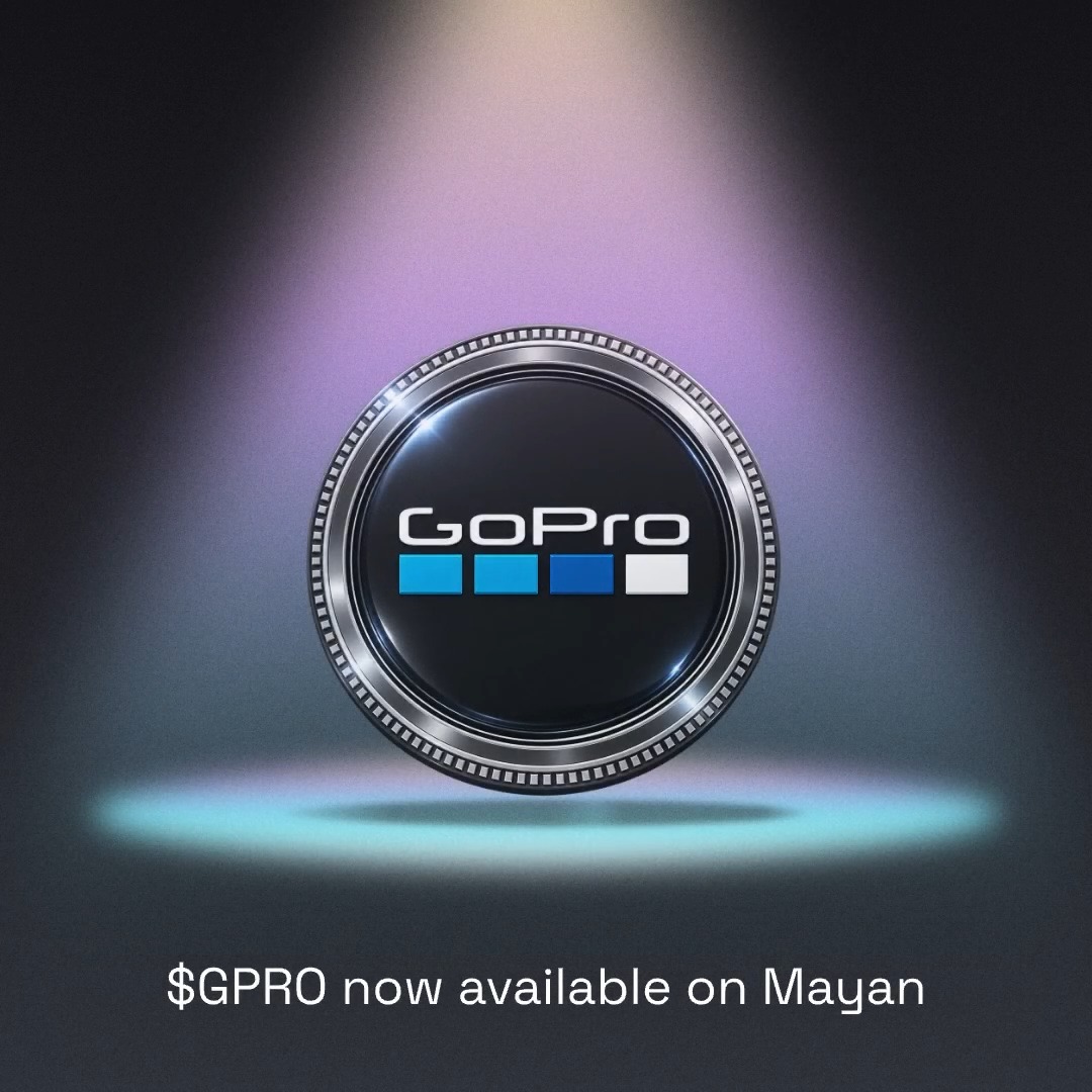 A 3D-rendered GoPro logo centered on a dark background with a spotlight effect, with the text '$GPRO now available on Mayan' at the bottom.