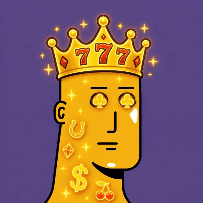 A cartoon-style golden character wearing a crown displaying "777" is decorated with various lucky symbols including clovers, a horseshoe, diamonds, a dollar sign, and cherries, perfectly capturing the celebratory mood of a lucky streak hitting the jackpot.