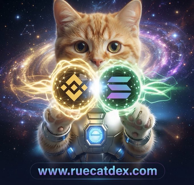 An AI-generated orange tabby cat in an Iron Man-style suit holding glowing orbs containing the Binance and Solana logos, with the text 'www.ruecatdex.com' displayed.