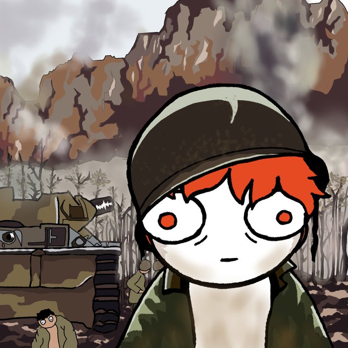 The image features a cartoon character with red hair wearing a green jacket, standing next to an old tank or jeep. The character appears to be looking at the camera while surrounded by trees and mountains. In the background, there are soldiers on a mission in front of a mountain range. The post suggests that this artwork is related to NFTs (Non-Fungible Tokens) and has been created for sale as an art piece or digital asset.