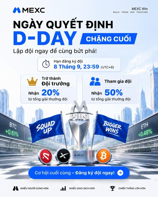 MEXC exchange Vietnamese promotional graphic for 'NGÀY QUYẾT ĐỊNH D-DAY CHẶNG CUỐI' team event with signup deadline of Sept 8, 23:59 (UTC+8) and rewards of 20% for team leaders and 50% for participants.