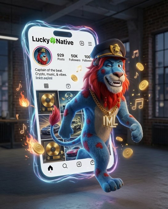 A 3D digital artwork featuring a blue and red lion wearing a gold 'IML' chain and a police cap, stepping out of a smartphone displaying a 'Lucky Native' social media profile with 50K followers, surrounded by floating gold coins and music notes.