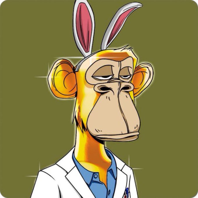 A digital illustration of an NFT-style cartoon monkey with pink bunny ears wearing a white doctor's coat over a blue shirt against an olive green background.