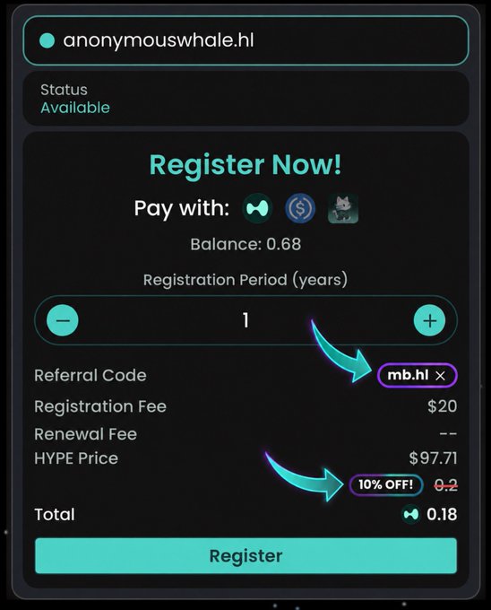 A registration interface for 'anonymouswhale.hl' showing a 'Register Now!' page with payment options, a 1-year registration period, referral code 'mb.hl', and a total cost displayed.