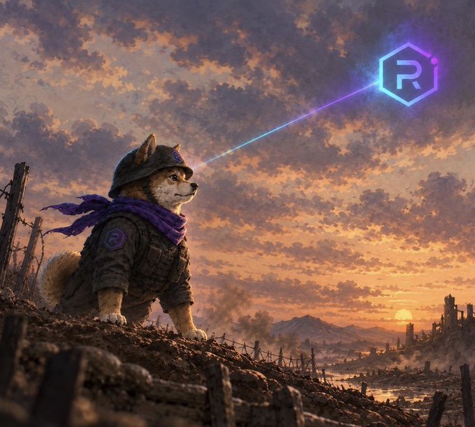 A digital illustration of a Shiba Inu dog dressed in military gear and a purple scarf, looking at a purple 'R' hologram against a sunset battlefield.