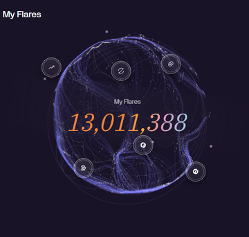 The image displays a glowing purple "My Flares" interface on Solstice Fi Season 2, highlighting the user's milestone of reaching 13,011,388 Flares, a significant increase from the 7 million earned in the previous season as mentioned in the post.