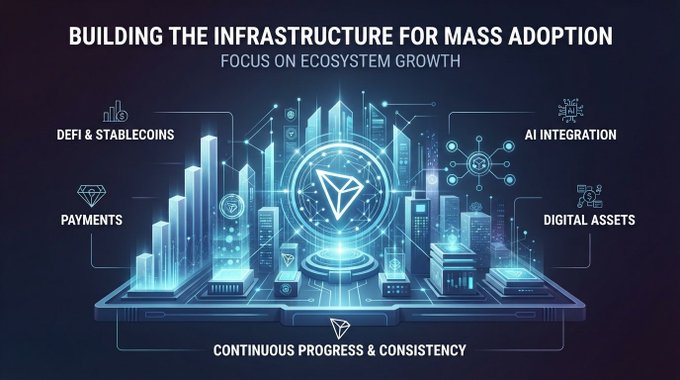 A digital presentation slide titled 'BUILDING THE INFRASTRUCTURE FOR MASS ADOPTION' with the subtitle 'FOCUS ON ECOSYSTEM GROWTH', featuring a central glowing Tron logo surrounded by a futuristic cityscape and categories including 'DEFI & STABLECOINS', 'PAYMENTS', 'AI INTEGRATION', and 'DIGITAL ASSETS', with 'CONTINUOUS PROGRESS & CONSISTENCY' at the bottom.