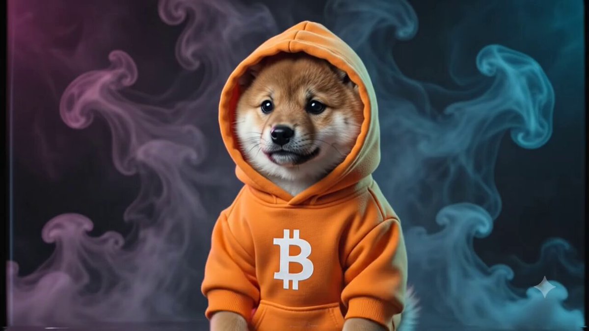 The image features a dog wearing an orange hoodie with the Bitcoin symbol on it, sitting against a black background that includes smoke and purple and blue swirls. The caption of the image reads "DOG is literally Bitcoin. 100% supply in circulation no dev wallet no central entity. Distributed free and fair. Things are being built on the blockchain."