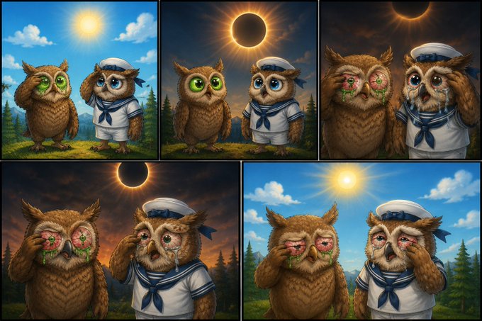 Five-panel cartoon illustration of two owls (one brown, one in a sailor outfit) reacting to a solar eclipse in different ways, including rubbing their eyes with gunky green and red residue.
