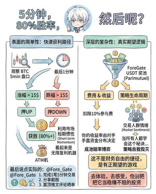 A Chinese-language infographic comparing surface-level simplicity vs deeper complexity of crypto trading strategies, mentioning ForeGate USDT prize pool (Parimutuel) and @Fore_Gate.