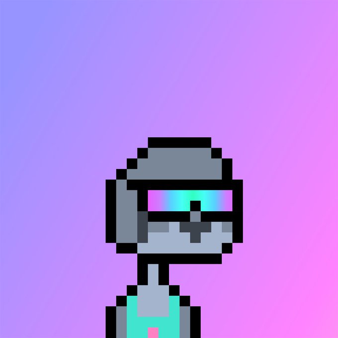 A pixel art illustration of a robot or character wearing a futuristic helmet with a vibrant cyan and magenta visor, set against a pink and purple gradient background.