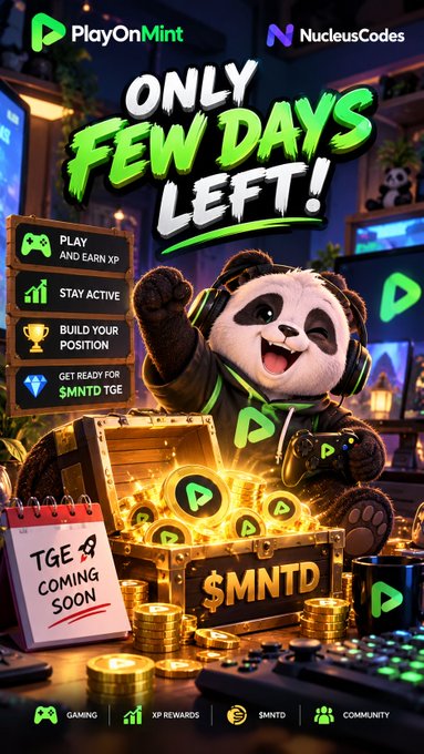 Promotional poster for PlayOnMint x NucleusCodes featuring a panda mascot with headphones, advertising a TGE (Token Generation Event) for $MNTD with features like 'PLAY AND EARN XP', 'STAY ACTIVE', and 'BUILD YOUR POSITION', noting 'ONLY FEW DAYS LEFT!'.