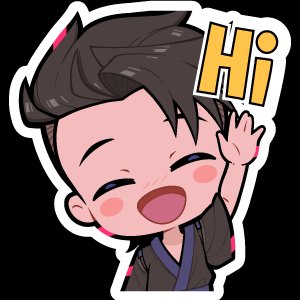 A chibi-style cartoon character with brown hair waving and smiling, accompanied by the text 'Hi' on a sticker.