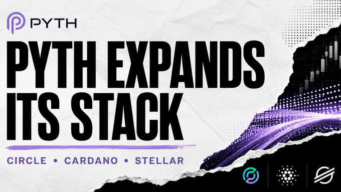 A promotional graphic for PYTH cryptocurrency announcing 'PYTH EXPANDS ITS STACK' with the partners Circle, Cardano, and Stellar.