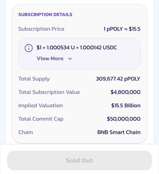 A subscription details panel showing "1 pPOLY = $15.5", Total Supply of 309,677.42 pPOLY, Total Subscription Value of $4,800,000, Implied Valuation of $15.5 Billion, and Total Commit Cap of $50,000,000 on the BNB Smart Chain, marked "Sold Out".