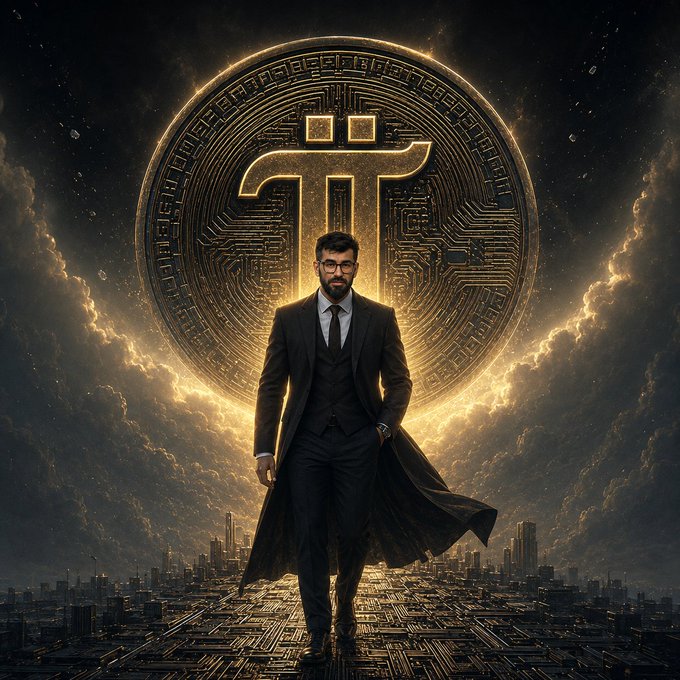A confident man in a suit stands before a massive, glowing Pi Network emblem against a dramatic sky, with circuit-board-like patterns stretching beneath him across a futuristic cityscape. The imagery visually echoes the post's message of visionary leadership and building toward the future, aligning with the hashtag #PiNetwork.