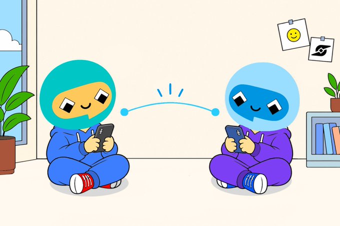 A cartoon illustration of two characters in hoodies looking at their phones with a speech bubble between them in a living room setting.