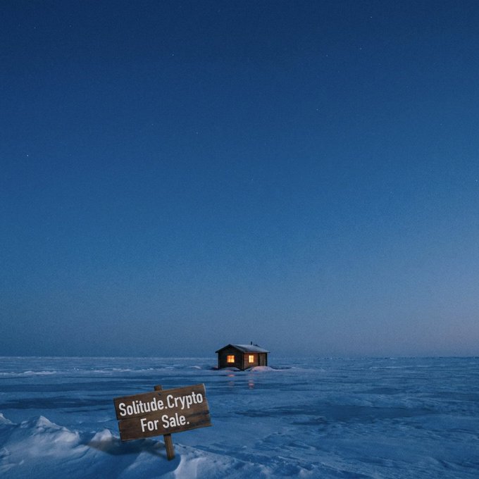 A solitary lit cabin in a vast snowy/icy landscape under a dark blue starry sky, with a wooden sign in the foreground reading 'Solitude.Crypto For Sale.'