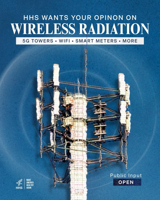 A public health poster asking for input on 'WIRELESS RADIATION' (5G TOWERS, WIFI, SMART METERS, MORE) featuring a cell tower emitting waves, by HHS and Make America Healthy Again.