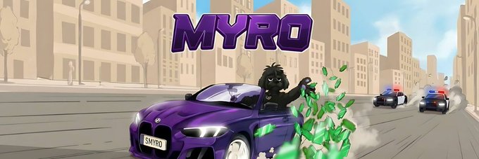 A purple sports car with a license plate reading "SMYRO" races through a city street with police cars in pursuit, while a dog character throws green cash from the window, beneath the bold "MYRO" logo—illustrating the $MYRO token's updated Moby profile banner.