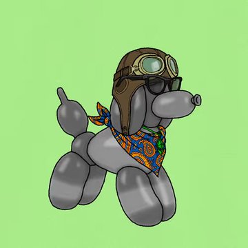 A cartoon gray balloon dog wearing a brown aviator cap with goggles, sunglasses, and a colorful patterned bandana, set against a green background.