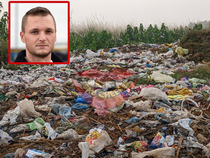 An inset photo of a young man with short brown hair in a red-bordered frame overlaid on an image of a large trash-strewn lot filled with plastic bags, wrappers, and debris.