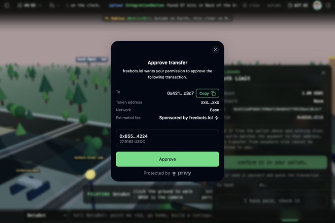 A modal titled "Approve transfer" appears over a blurred cityscape billboard interface, requesting permission for "freebots.lol" to execute a transaction of 27.9183 USDC to address "0x421...c3c7" on the Base network, with the estimated fee sponsored by freebots.lol and the approval action protected by Privvy.