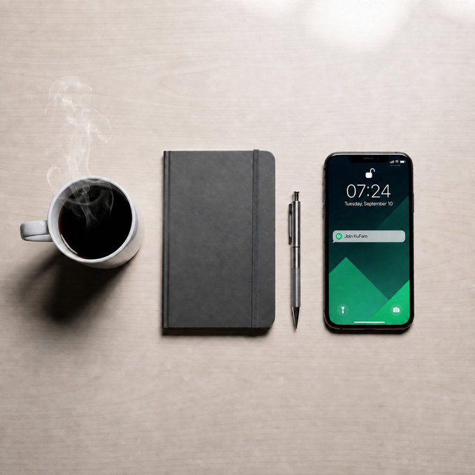 A steaming cup of black coffee sits beside an open black notebook, a sleek pen, and a smartphone displaying the lock screen time "07:24" and date "Tuesday, September 10," along with a KuCoin notification inviting the user to "Join KuFam"—visually capturing the post's "morning of planning and making your move" theme tied to KuCoin's newbie rewards campaign.