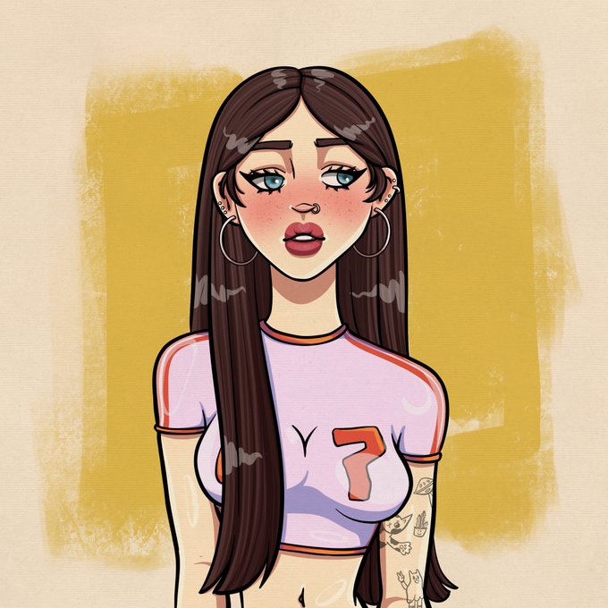 A digital illustration of a young woman with long brown hair, blue eyes, and multiple ear piercings, wearing a white cropped t-shirt with a red number '7' and showing tattoos on her left arm.