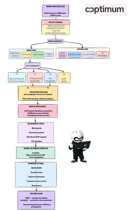 An infographic from Optimum explaining ePBS (Ethereum Proposer-Builder Separation) with a flowchart detailing changes, timing slots, builders' race, and how the protocol fits in.