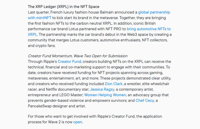 An article excerpt titled 'The XRP Ledger (XRPL) in the NFT Space' discussing partnerships between Balmain and mintNFT, Lotus and NFT PRO, and details about Ripple's Creator Fund Wave Two featuring creators like Zion Clark and Jessica Ragzy.