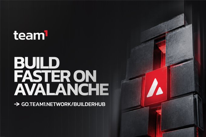 A promotional graphic with a dark background features the "team¹" logo and bold white text reading "BUILD FASTER ON AVALANCHE," alongside a red-glowing block structure displaying the Avalanche "A" symbol, directing viewers to go.team1.network/builderhub for an all-in-one resource hub for developers.