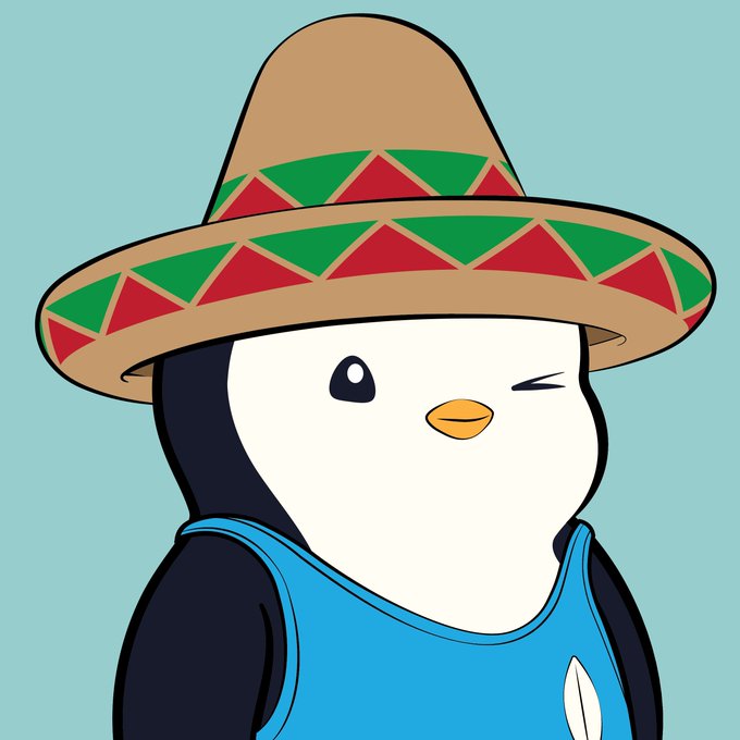 A cartoon penguin wearing a blue shirt and a traditional sombrero with green and red triangle patterns, winking at the viewer against a light blue background.