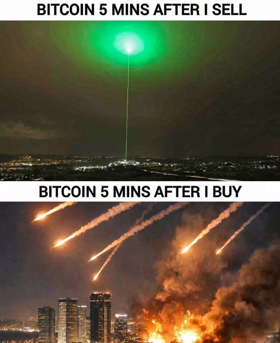Two-panel crypto meme captioned "BITCOIN 5 MINS AFTER I SELL" showing a calm cityscape under a green laser beam, and "BITCOIN 5 MINS AFTER I BUY" showing meteors crashing into buildings causing massive explosions.