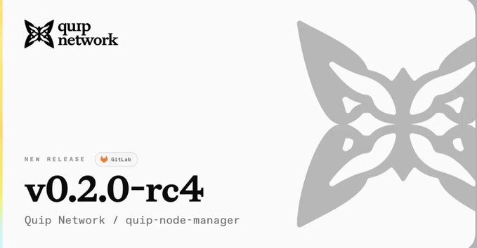 The image shows a white card with a butterfly design on it. The text on the card reads "Running infrastructure shouldn't feel like assembling ten different pieces by hand. The latest @quipnetwork Node Manager update moves in the opposite direction". This message is related to the post about the new release of version 2.0.4 for node manager, which was released by Quip Network.