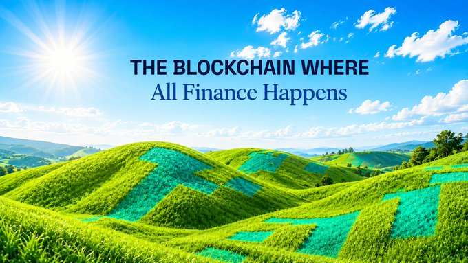 The image features a sunny, rolling green hillside landscape with the bold text overlay reading "THE BLOCKCHAIN WHERE All Finance Happens," visually reinforcing the message about TxFlow_L1 being a unified blockchain platform for diverse financial applications. The bright, expansive scenery symbolizes the broad scope and limitless potential of composable liquidity across various financial channels on the network.